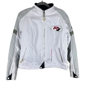 Castle Streetwear White Gray Full Zip Lined Mock Neck Motorcycle Jacket Size 10